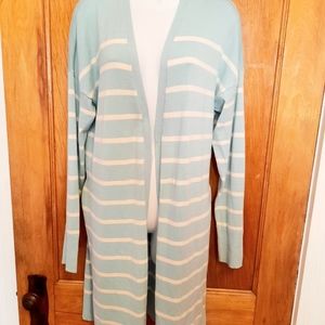 Sweater Cardigan; Turquoise / White Stripe   L EUC